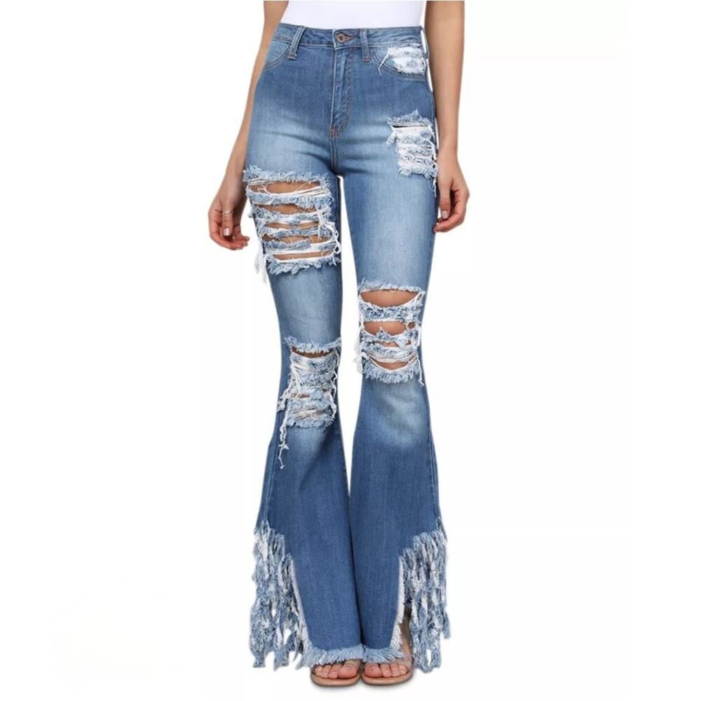 Aphrodite High Rise Curvy Destructed Flare Leg Jeans Womens 13/31 Y2K